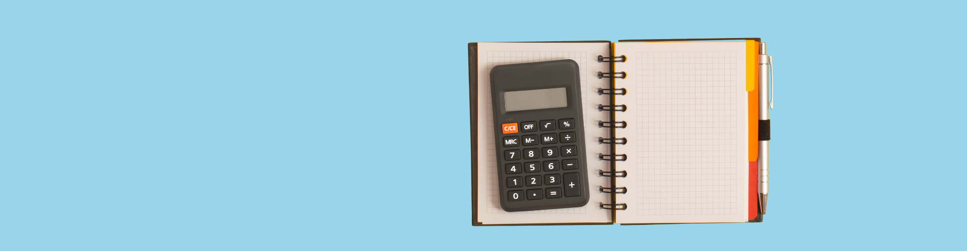 Calculator on a notebook with pen, representing budgeting, financial planning, and loan affordability assessment with Innovest advisers in New Zealand.