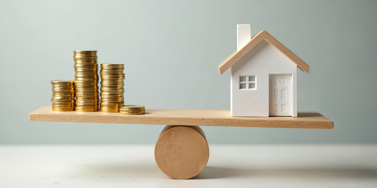 Conceptual photo shows balance between mortgage rates, house prices. Miniature house, stacks of coins on seesaw real estate investment, financial stability, home ownership, loan, value. Economic
