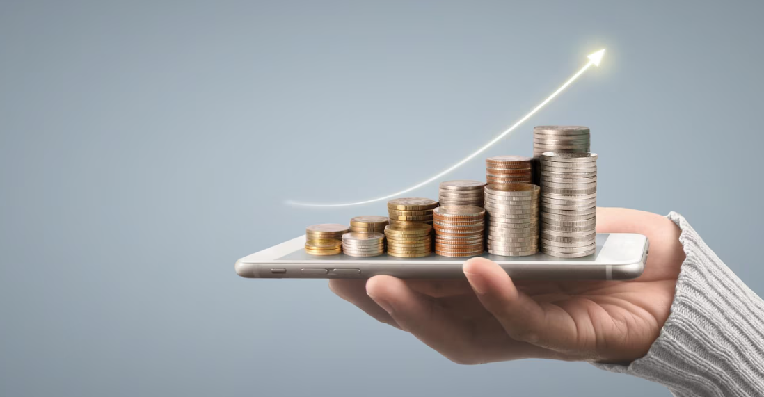 Stacked coins increasing on a smartphone with upward growth arrow, representing investment growth, wealth management, and financial planning with Innovest advisers in New Zealand.